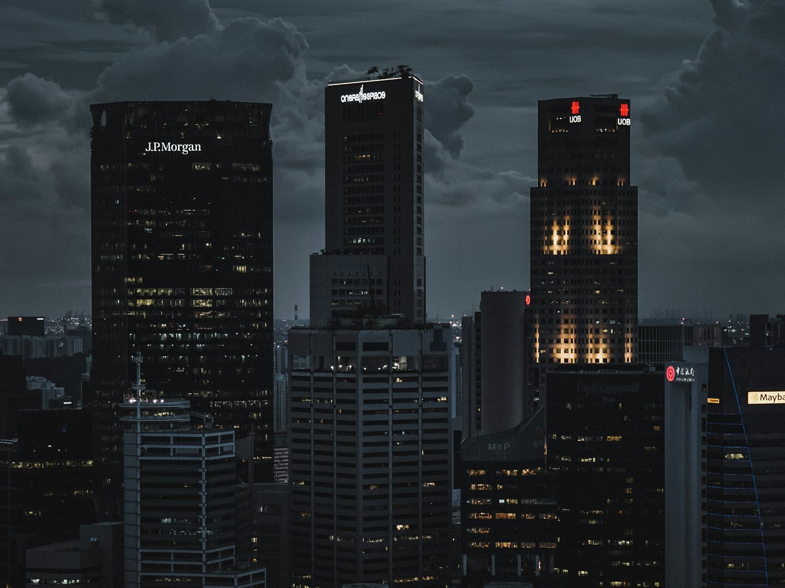 Financial district skyline at dusk